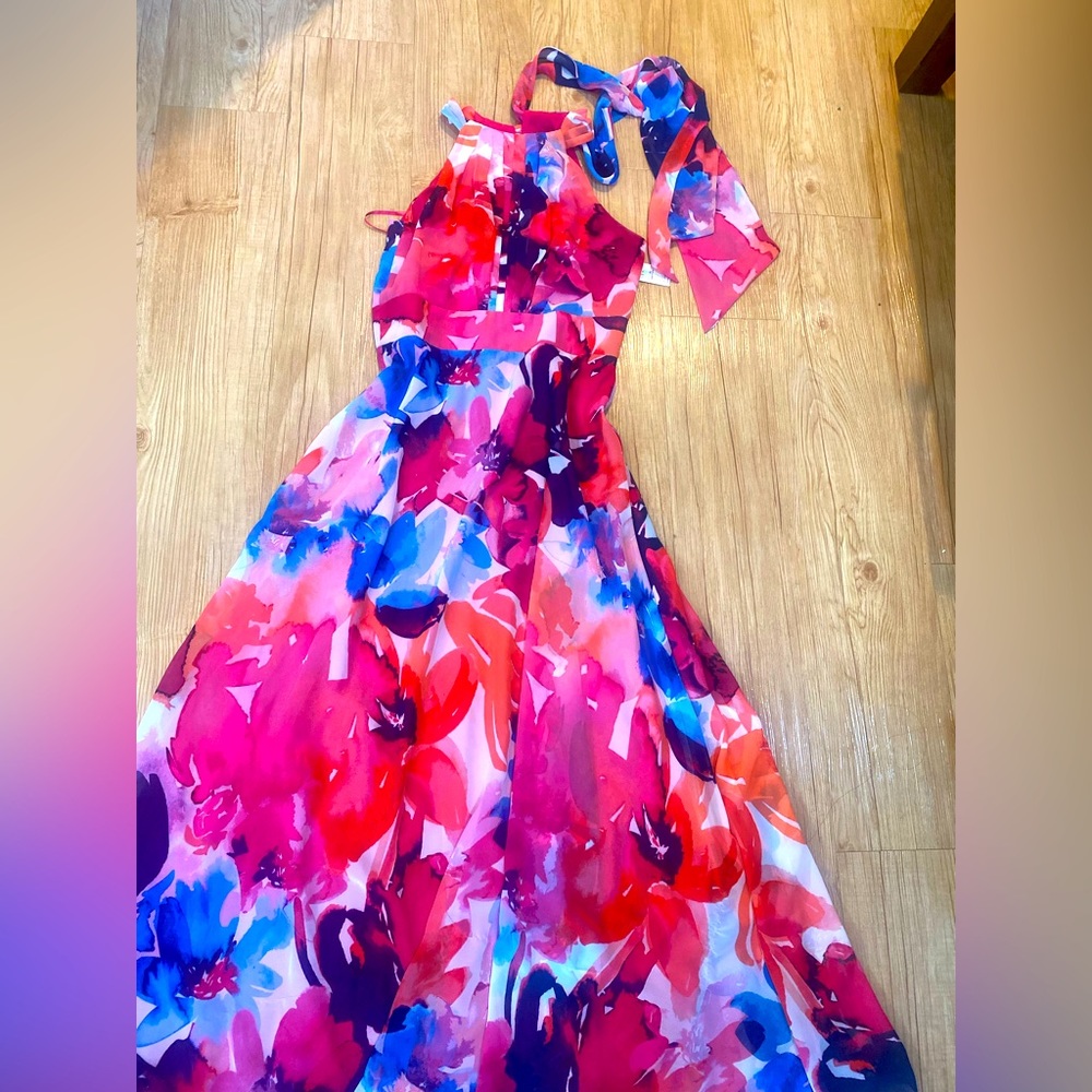 Eliza J Floral Halter Chiffon Floor Dress
